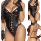 Latex Leather Cosplay Backless V Neck Teddies Bodysuit Women&