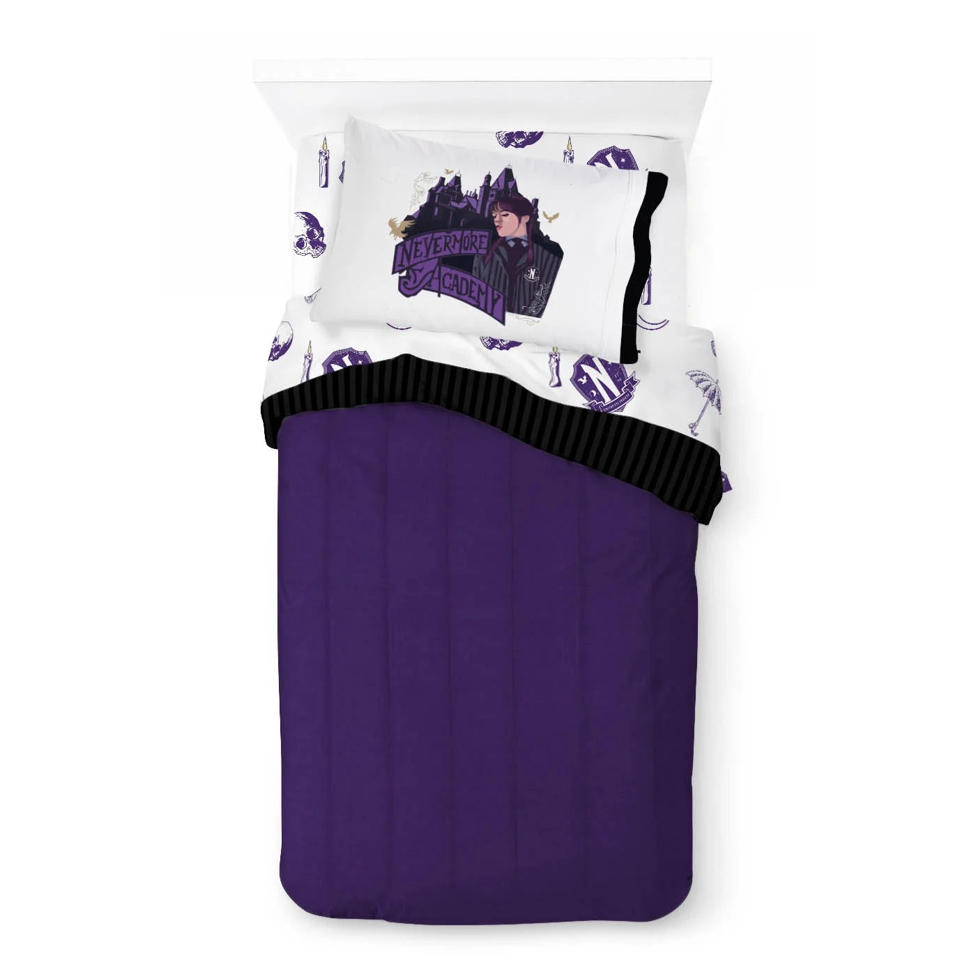 Wednesday Addams Patches Purple 7 Piece Full Size Bed Set with Shams