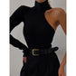 Solid Asymmetric One Shoulder Ribbed Knit Long Sleeve Bodysuit, Sexy Fall Winter One Piece Bodysuits, Women&