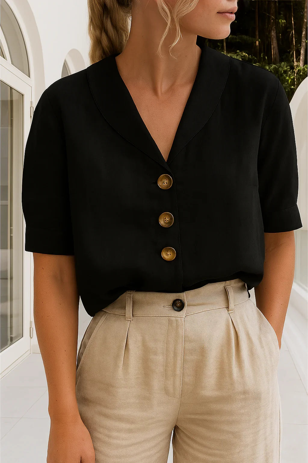 Lena - Women’S Blouse with Scarf Collar and Front Button Closure