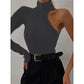Solid Asymmetric One Shoulder Ribbed Knit Long Sleeve Bodysuit, Sexy Fall Winter One Piece Bodysuits, Women&