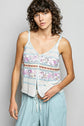 POL Printed Contrast Button down Cami with Trim Detail and Blanket Stitch