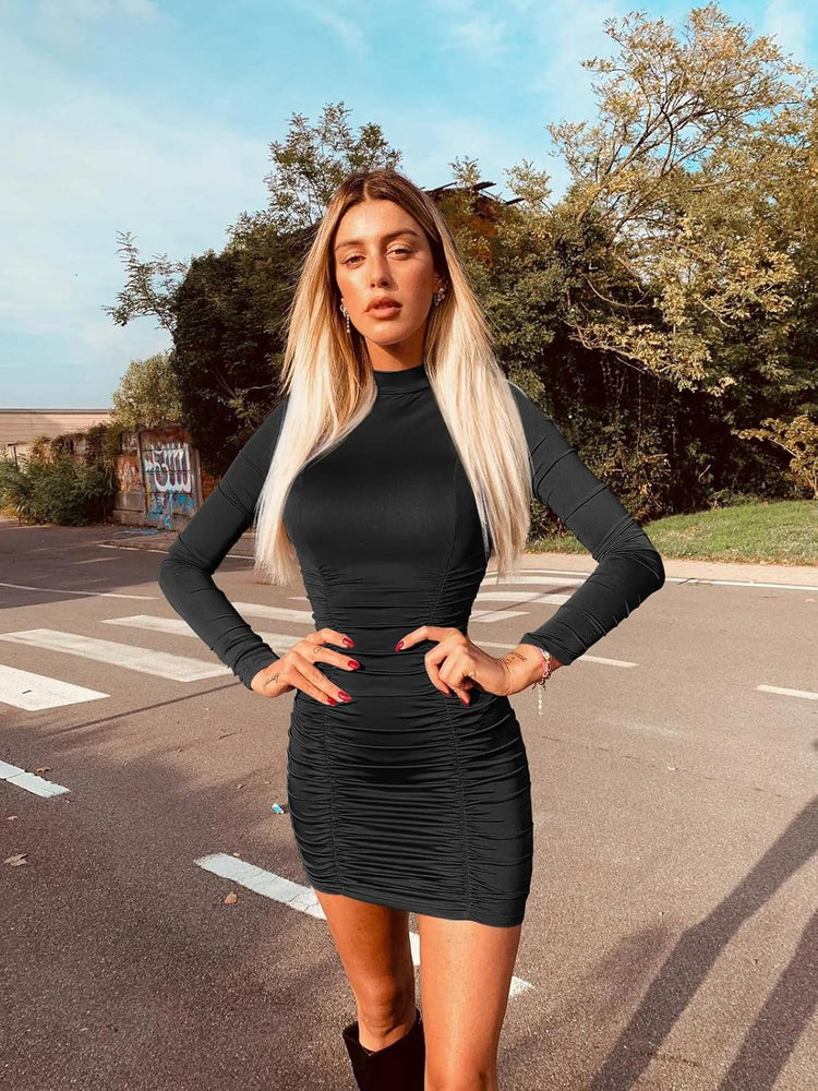 Women Classy Long Sleeve Bodycon Ruched Party Mini Dress