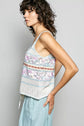 POL Printed Contrast Button down Cami with Trim Detail and Blanket Stitch