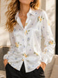 Women Green Satin Blouse White Floral Print Long Sleeve Button Down Shirt Elegant Spring Autumn Office Lady Top Casual Wear New