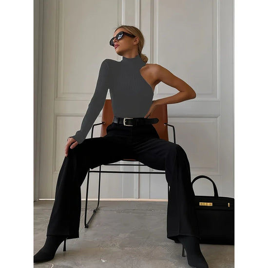 Solid Asymmetric One Shoulder Ribbed Knit Long Sleeve Bodysuit, Sexy Fall Winter One Piece Bodysuits, Women&