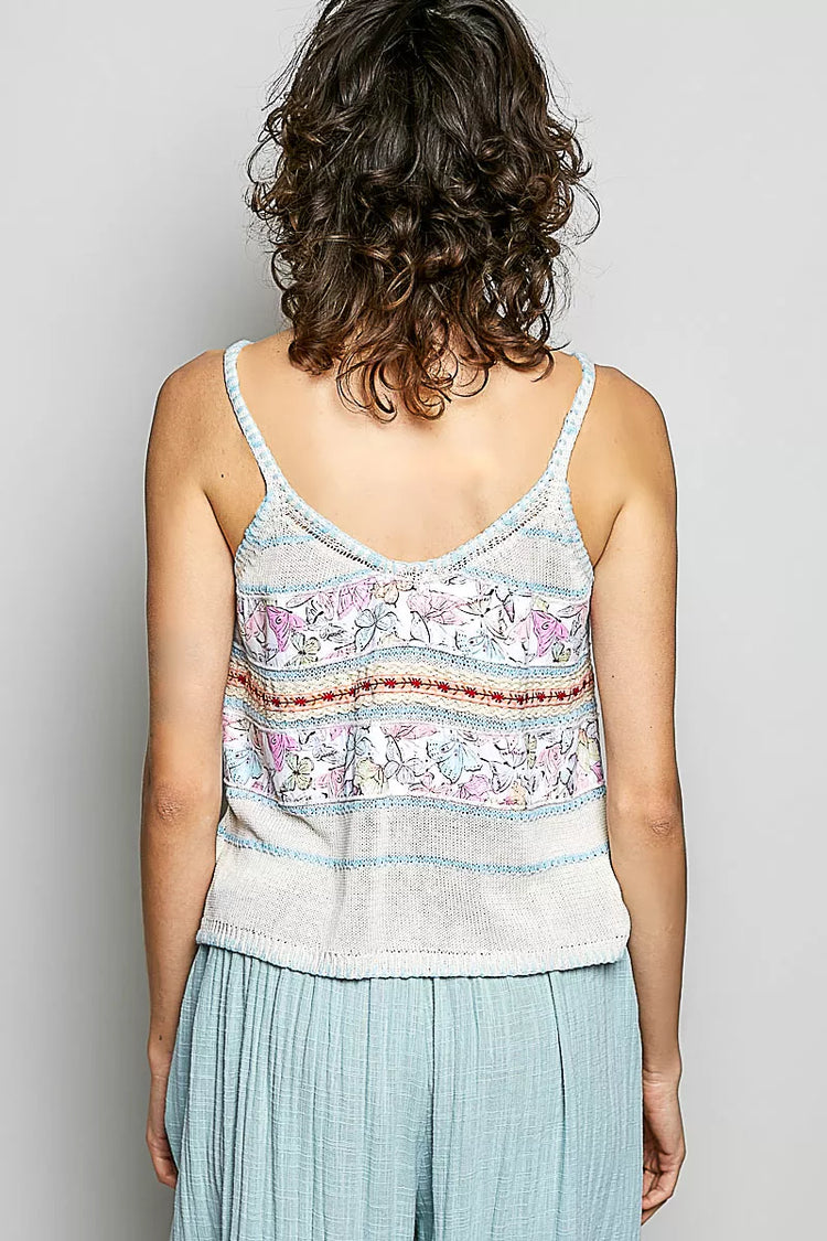 POL Printed Contrast Button down Cami with Trim Detail and Blanket Stitch