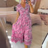 2024 Elegant Women Flower Print Deep V Neck Dresses Elastic Waist Splice Pleated Hem Dress Female Single-Breasted Cardigan Gown