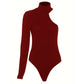 Solid Asymmetric One Shoulder Ribbed Knit Long Sleeve Bodysuit, Sexy Fall Winter One Piece Bodysuits, Women&