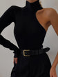 Solid Asymmetric One Shoulder Ribbed Knit Long Sleeve Bodysuit, Sexy Fall Winter One Piece Bodysuits, Women&